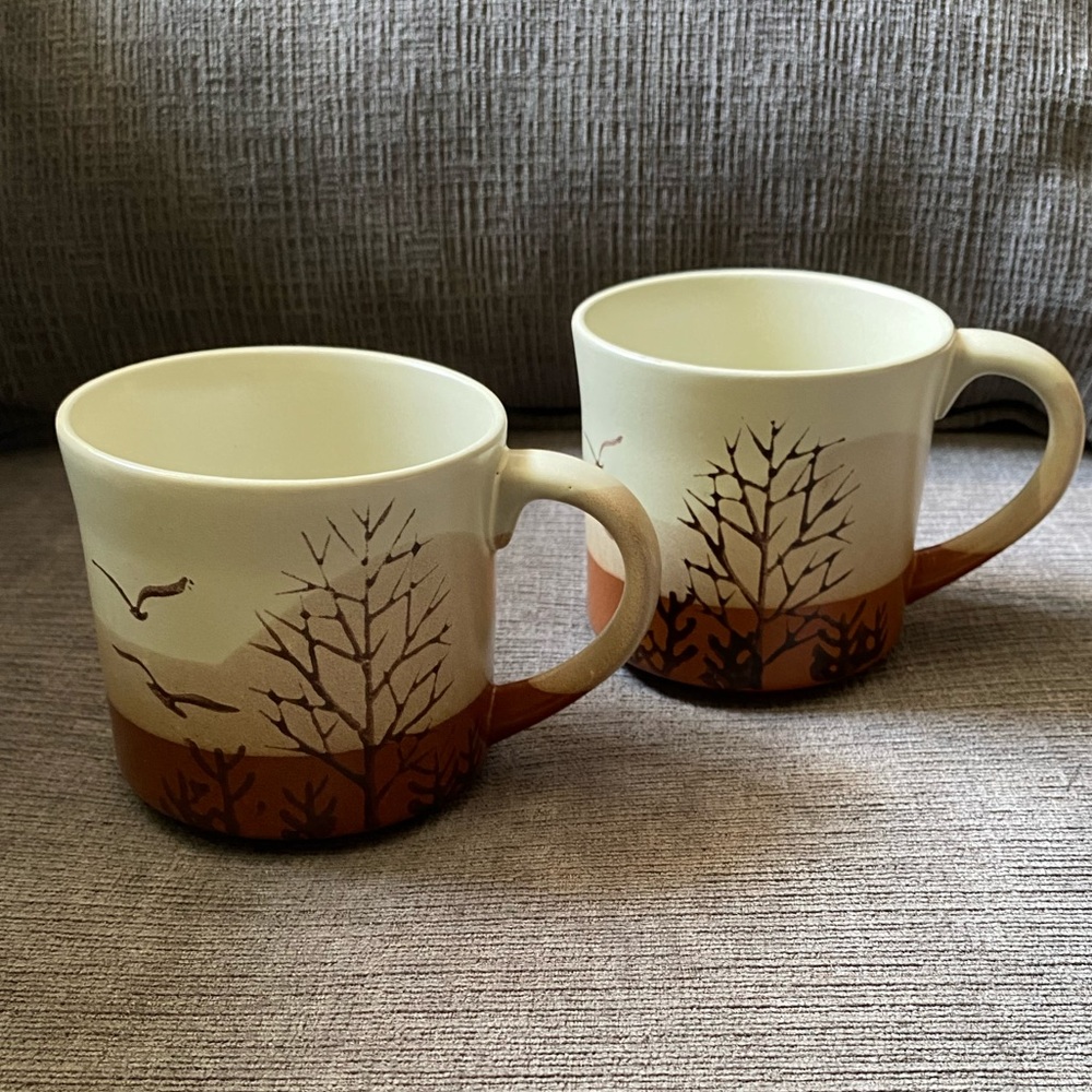 Vtg stoneware seagull & trees pair of mugs